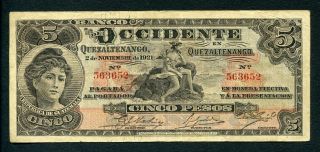 Guatemala 5 Pesos 2/11/1921 P - S178 F Banco De Occidente En Quezaltenango W & S photo