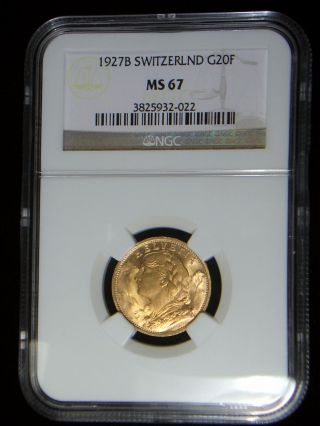 Switzerland 1927 Gold 20 Francs Ngc Ms - 67 Sharp Lustrous None Graded Higher photo