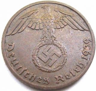 Ww2 German 1939 - E 1 Rp Reichspfennig 3rd Reich Bronze Nazi Coin photo