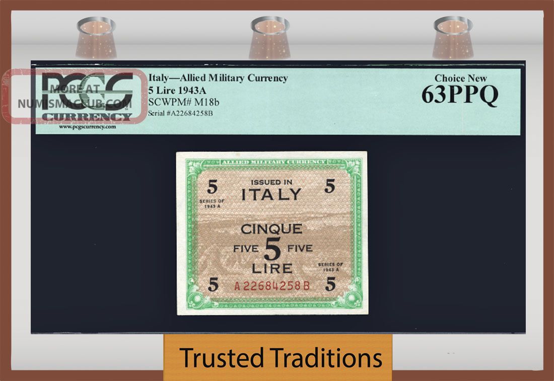 Tt Pk M18b 1943 Italy Allied Military Currency 5 Lire Pcgs 63 Ppq Choice Europe photo