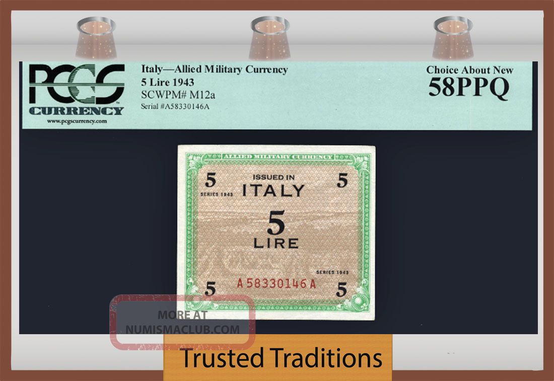 Tt Pk M12a 1943 Italy Allied Military Currency 5 Lire Pcgs 58 Ppq Choice About Europe photo