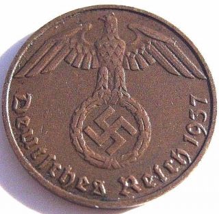 Ww2 German 1937 - D 1 Rp Reichspfennig 3rd Reich Bronze Nazi Coin photo
