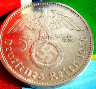 1936 - A Nazi Big Swastika German 5 Mark.  900 Silver Coin - Ww2 Germany 5 Reichsmark photo