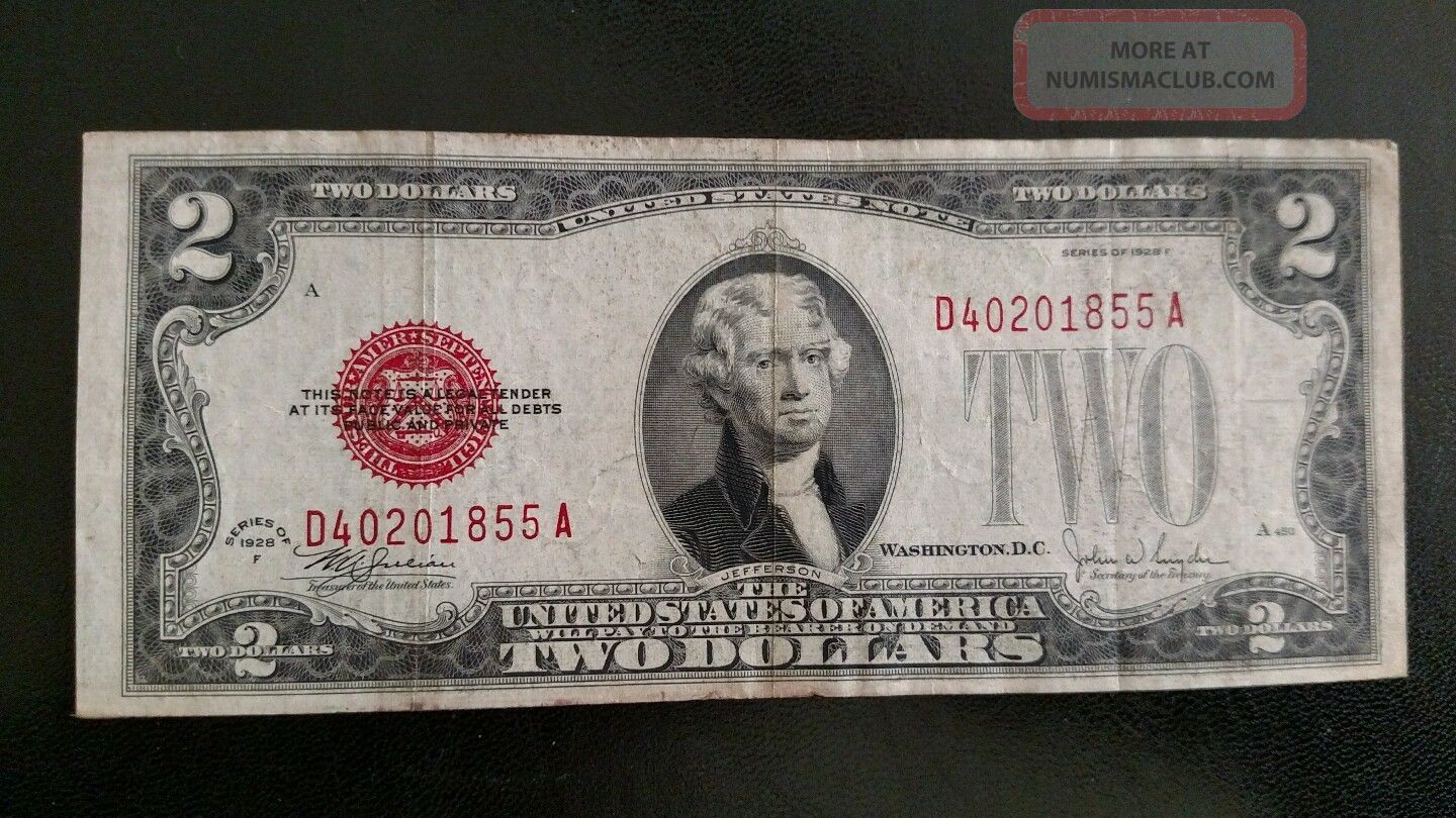 1928f $2 Dollar Bill Old Us Note Legal Tender Paper Money Currency Red Seal Small Size Notes photo