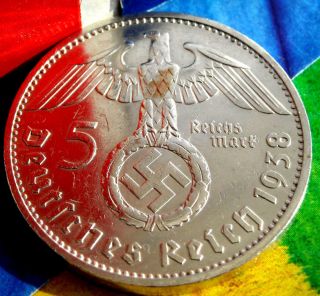 1938 - F Nazi Big Swastika German 5 Mark.  900 Silver Coin - Ww2 Germany 5 Reichsmark photo