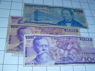 Mexico (3) 100 & (1) 50 Peso Banknote,  Series Vary,  Banco De Mexico Paper Money photo