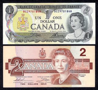 1973 $1.  00 1986 $2.  00 // Crisp Bank Of Canada Money Last Paper One & Two Dollars photo