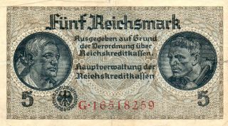 Xxx - Rare German 5 Reichsmark Third Reich Nazi Banknote Fine Con photo