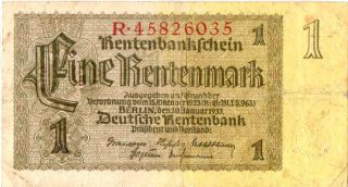 Xxx - Rare German 1 Rentenmark 3.  Reich Nazi Banknote From 1937 Ok Co photo