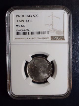 1925r 50 Centesimi Italy Ngc Ms66 Plain Edge 50c Coin Uncirculated Gem photo