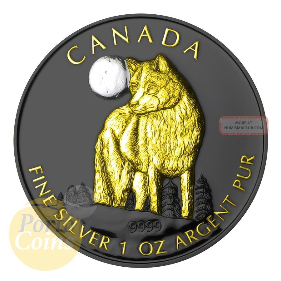 2011 1oz Silver Canadian Wildlife At Night Series Wolf Ruthenium Gold Gilded Coins: Canada photo