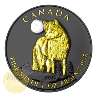2011 1oz Silver Canadian Wildlife At Night Series Wolf Ruthenium Gold Gilded photo