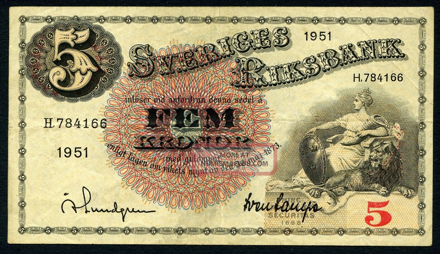 Sweden 5 Kronor 1951 P - 33ah Vf Serie H Circulated Banknote Europe photo