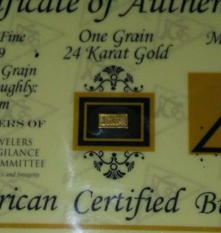 2016 - 1 Grain Bar.  9999 24k Fine Gold In Jvc Assay photo