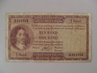 1961 - 1965 One Rand South African Vintage Rare A - Series Reserve Bank Note photo
