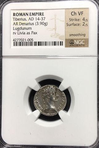Tiberius Ancient Roman Silver Denarius Tribute Penny Ngc Certified Ch Vf 3.  89g photo