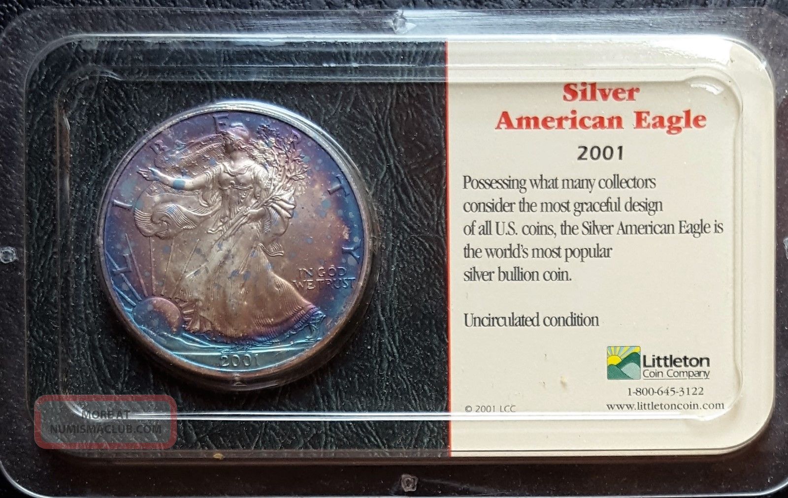 2001 1 Oz American Silver Eagle Dollar Toned Littleton Pak Toning Silver photo