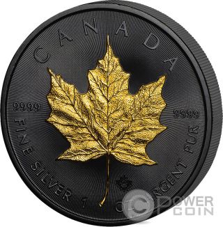 Golden Enigma Maple Leaf Black Ruthenium 1 Oz Silver Coin 5$ Canada 2016 photo