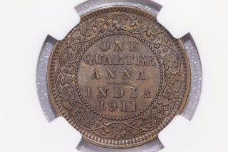 British India 1911 1/4 Anna 1/4a Copper Ngc Ms 62 Bn Pig Rare George V photo