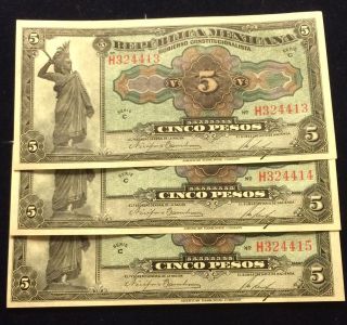 3 - Mexico 5 Pesos 1915 Gem Uncirculated W/ Consecutive Serial Numbers Very Rare photo