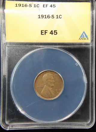 1916 - S Lincoln Wheat Cent Xf Anacs Xf45 Us Coin (467) photo