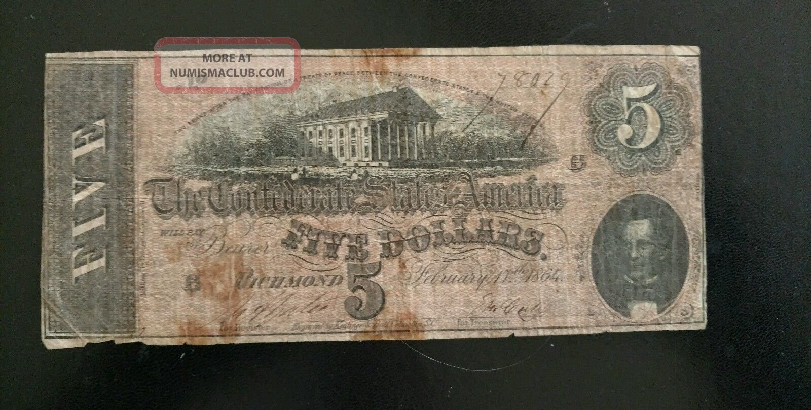 1864 $5 Dollar Bill Confederate States Currency Civil War Note Bill T - 69 Paper Money: US photo