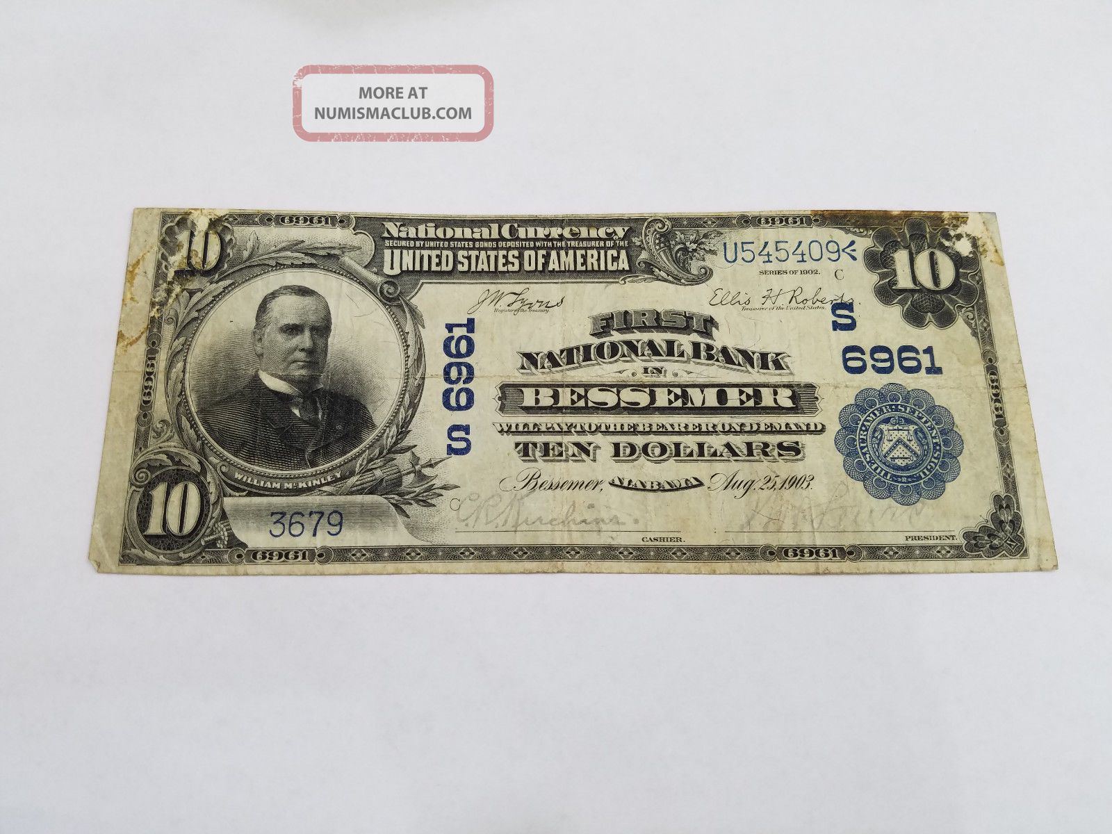 1902 Bessemer,  Alabama $10 Ten Dollar National Currency William Mckinley - 3690 Paper Money: US photo
