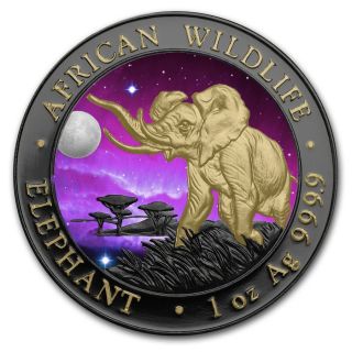 1oz Silver Somalia Elephant Ruthenium,  Gold Gilded And Colorized Universe Coin photo