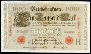 Germany 1,  000 1000 Mark 1910 P - 44b Ro 45e Ef 7 Red Digit Underpint H Serie E photo