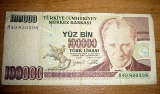1970 Turkey 100000 Lirasi Banknote photo
