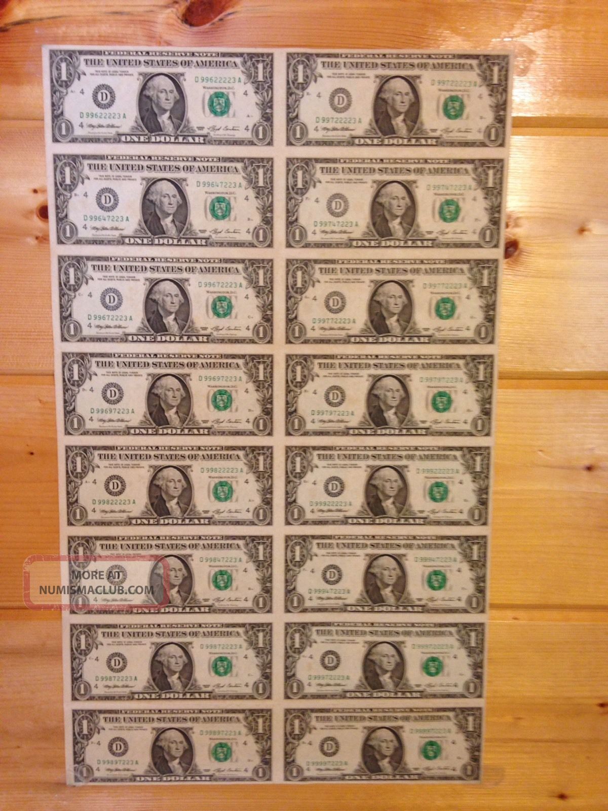 1993 Sheet Of 16 One Dollar Bills From The Cleveland Fed Small Size Notes photo