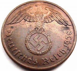 Ww2 German 1938 - A 2 Rp Reichspfennig 3rd Reich Bronze Nazi Coin (rl 070) photo
