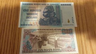 Zimbabwe 100 Trillion Dollar Aa 2008 Uncirculated Banknote,  Plus 10000 Dong Note photo