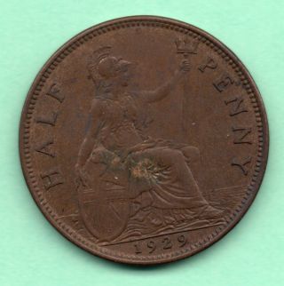 Large Half Penny From 1929 Old Great Britian Coin photo