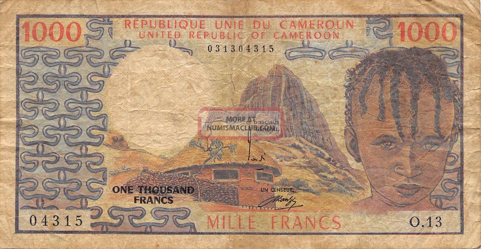 Cameroon 1000 Francs P 16c Series O.  13 Circulated Banknote Europe photo