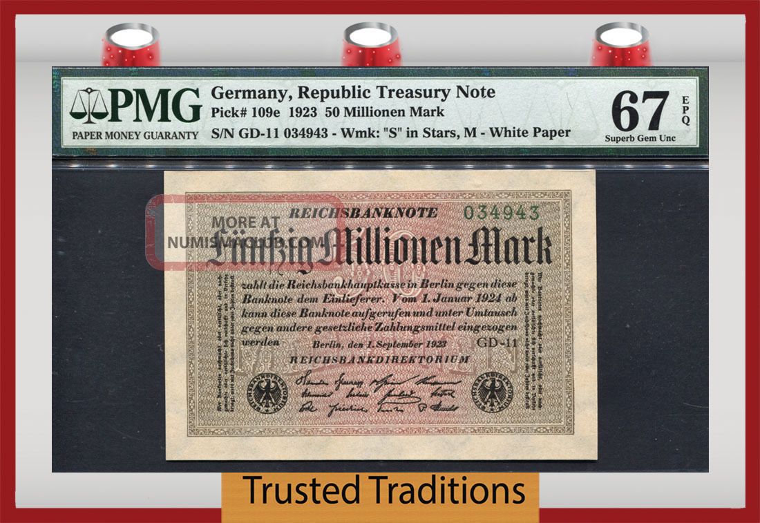 Tt Pk 109e 1923 Germany Republic Treasury 50 Millionen Mark Pmg 67 Epq Europe photo