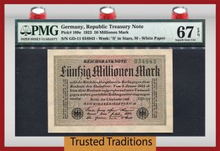 Tt Pk 109e 1923 Germany Republic Treasury 50 Millionen Mark Pmg 67 Epq photo