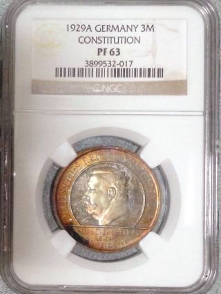 1929a Germany Weimar Republic 3 Mark Proof Coin Ngc Pf - 63.  Multicolored Tonning. photo