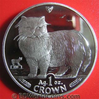 Isle Of Man 1989 1 Crown 1oz Silver Proof Persian Cat 38mm Feline World Coin photo