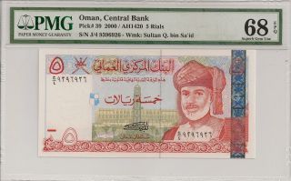 P - 39 2000 5 Rials,  Oman Central Bank,  Pmg 68epq Finest Known photo