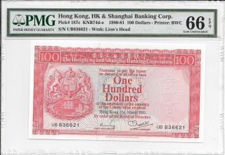 Hong Kong Bank - $100,  1981.  Serial Number: 836621.  Pmg 66epq.  Scarce Date. photo