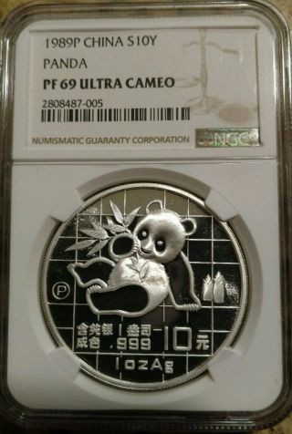 1989p China 1 Oz.  Silver Panda - - Ngc Pf69 Ultra Cameo - - 10 Yuan Proof photo