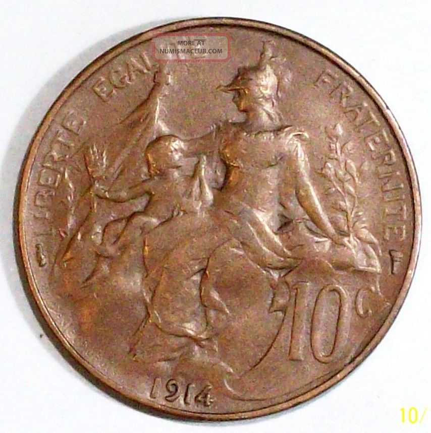 France 10 Centimes 1914 Very Fine/extra Fine Bronze Coin Europe photo