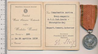 Romania Soviet Medal Communist Romanian Work Order First Type Rpr Award Document photo