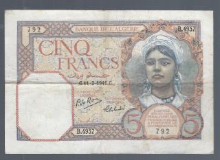Algeria 5 Franc Banknote 1941 Pic 77b photo
