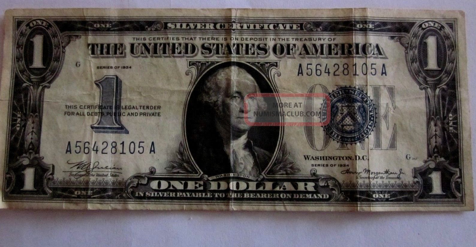 1934 $1 Small Size Silver Certificate With Funny Back= Circulated Small Size Notes photo