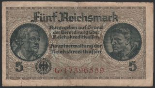 German 5 Reichsmark 1940 - 1945 - Series: G17396559 - 