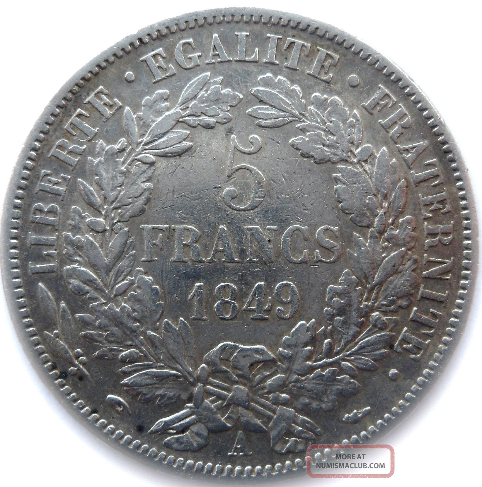 フランスのコイン、1849 年、パリ、5 フラン金属金ワーク ショップ セレス、グレード Vf,