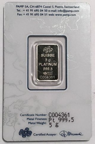 5 Gm Pamp Suisse Platinum Bar.  9995 Fine Fortuna In Assay photo