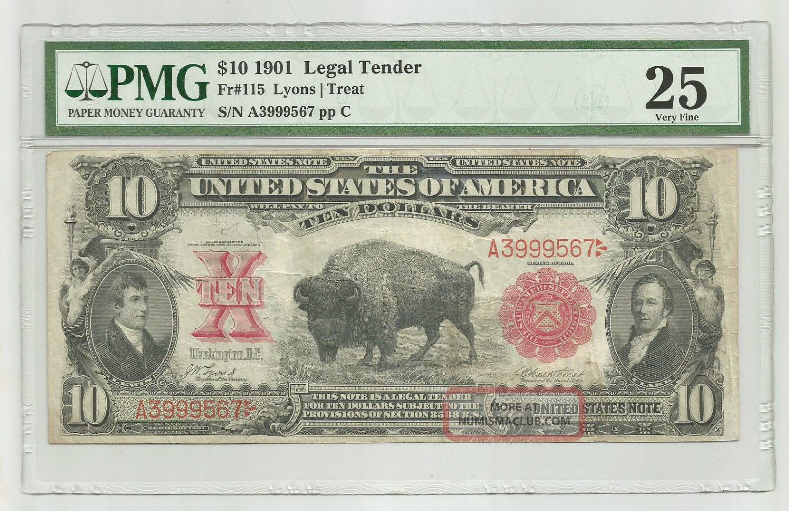 Series Of 1901 Large $10 Bison United States Red Seal Note Pmg 25 Very Fine 610 Large Size Notes photo